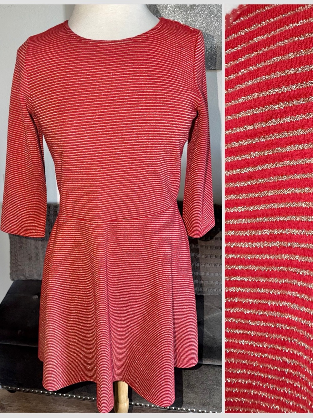 Melis Kozan Red & Gold Metallic Stripe Fit & Flare Dress Sparkle Knit S